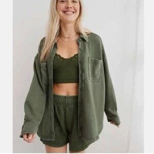 Aerie Lumber Jane Fleece Shirt Green Oversized ** XS ** EUC!!!
